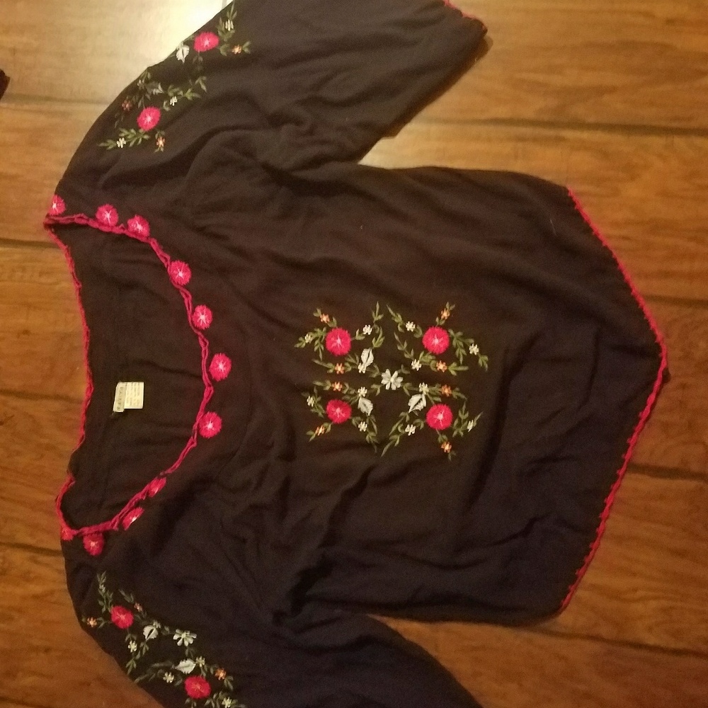black blouse with embroidered flowers red neckline